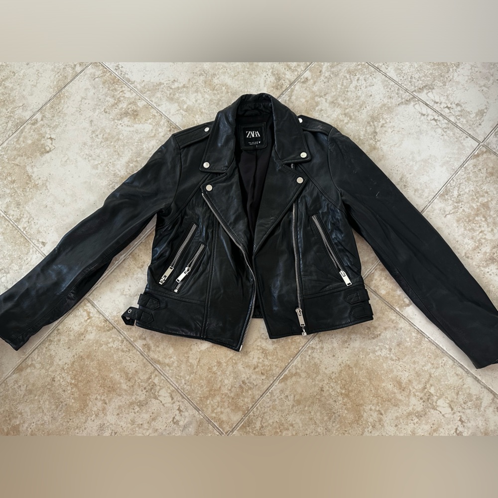 Zara Black Biker Leather Jacket with Silver Accents